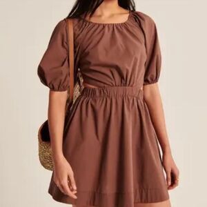 Abercrombie & Fitch Brown Mini Dress with Puff Sleeves, Pockets, and Open Back